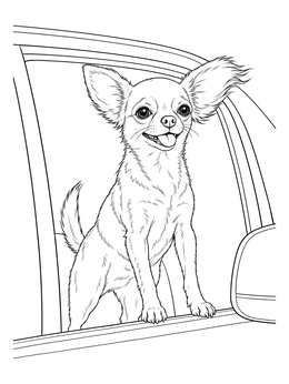 Happy dog on this chihuahua coloring page standing in an open car window with tongue out.
