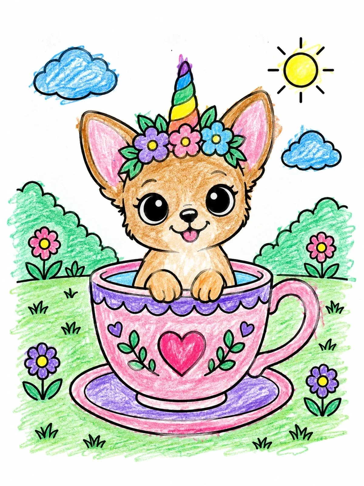 Colored example of the Chihuahua Puppy Unicorn In A Teacup coloring page