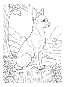 A smooth chihuahua coloring page sitting alert on a rustic tree stump outdoors.
