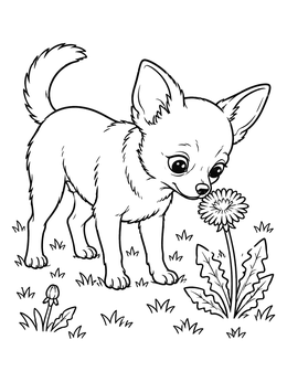 A cute chihuahua coloring page showing a puppy sniffing a dandelion on a grassy lawn.