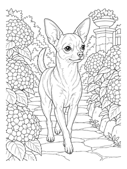 An alert chihuahua walking down a stone path in this detailed chihuahua coloring page.