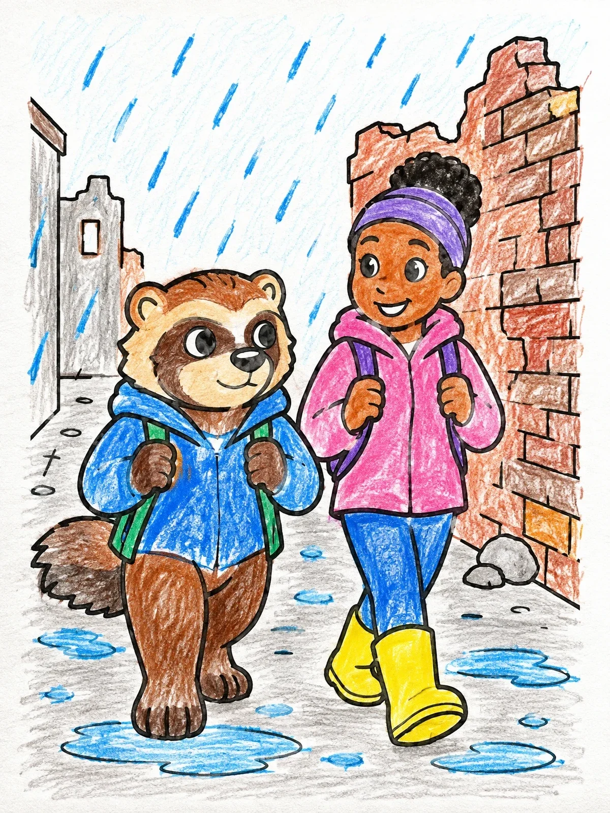 Colored example of the Child And Wolverine Walking In Rain coloring page