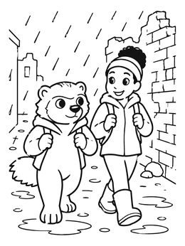 A cheerful girl and a cute wolverine coloring page walking together down a rainy alley.