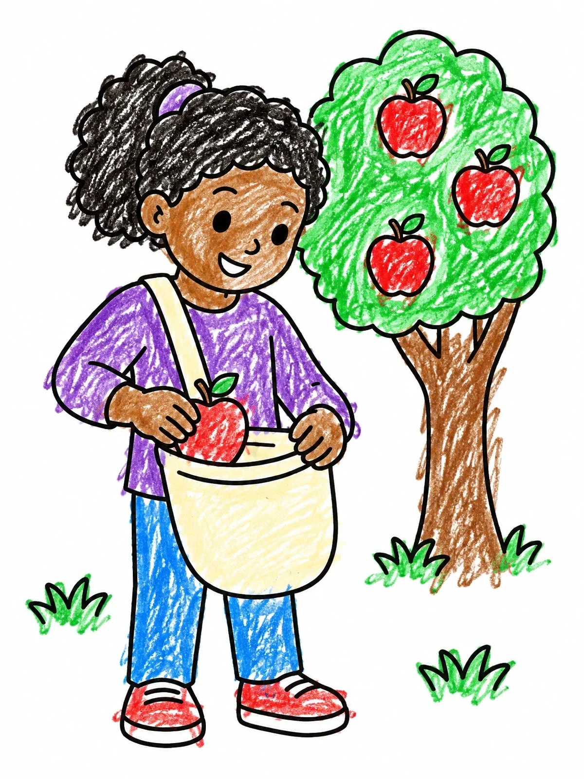 Colored example of the Child Putting Apple Into Bag coloring page