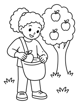 Free printable Child Putting Apple Into Bag coloring page