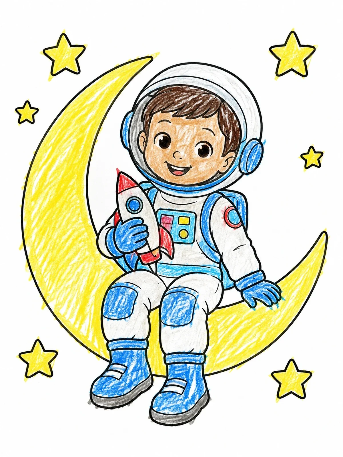 Colored example of the Child Astronaut On Crescent Moon coloring page
