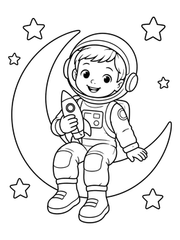A cheerful child astronaut coloring page sitting on a moon with a toy rocket.