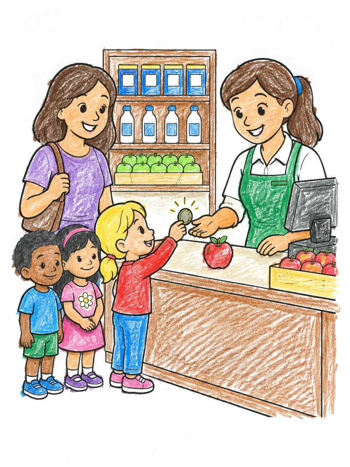 Colored example of the Child Buying Apple From Grocery Cashier coloring page