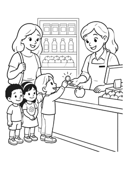 Free printable Child Buying Apple From Grocery Cashier coloring page