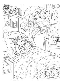 A peaceful dream coloring page showing a sleeping girl dreaming of a castle and a dragon.