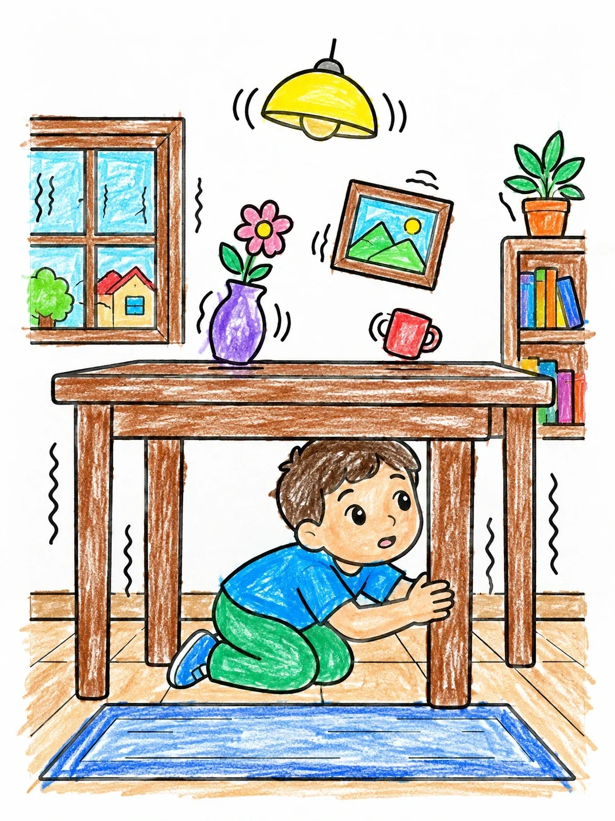 Colored example of the Child Practicing Earthquake Safety coloring page