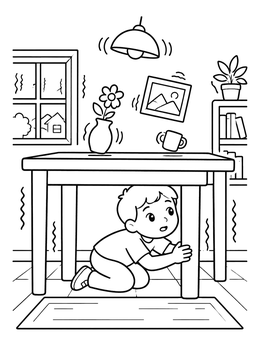 Free printable Child Practicing Earthquake Safety coloring page
