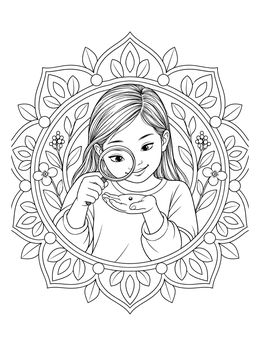 A girl inspecting a tiny seed in this mustard seed coloring page framed by floral mandala patterns.