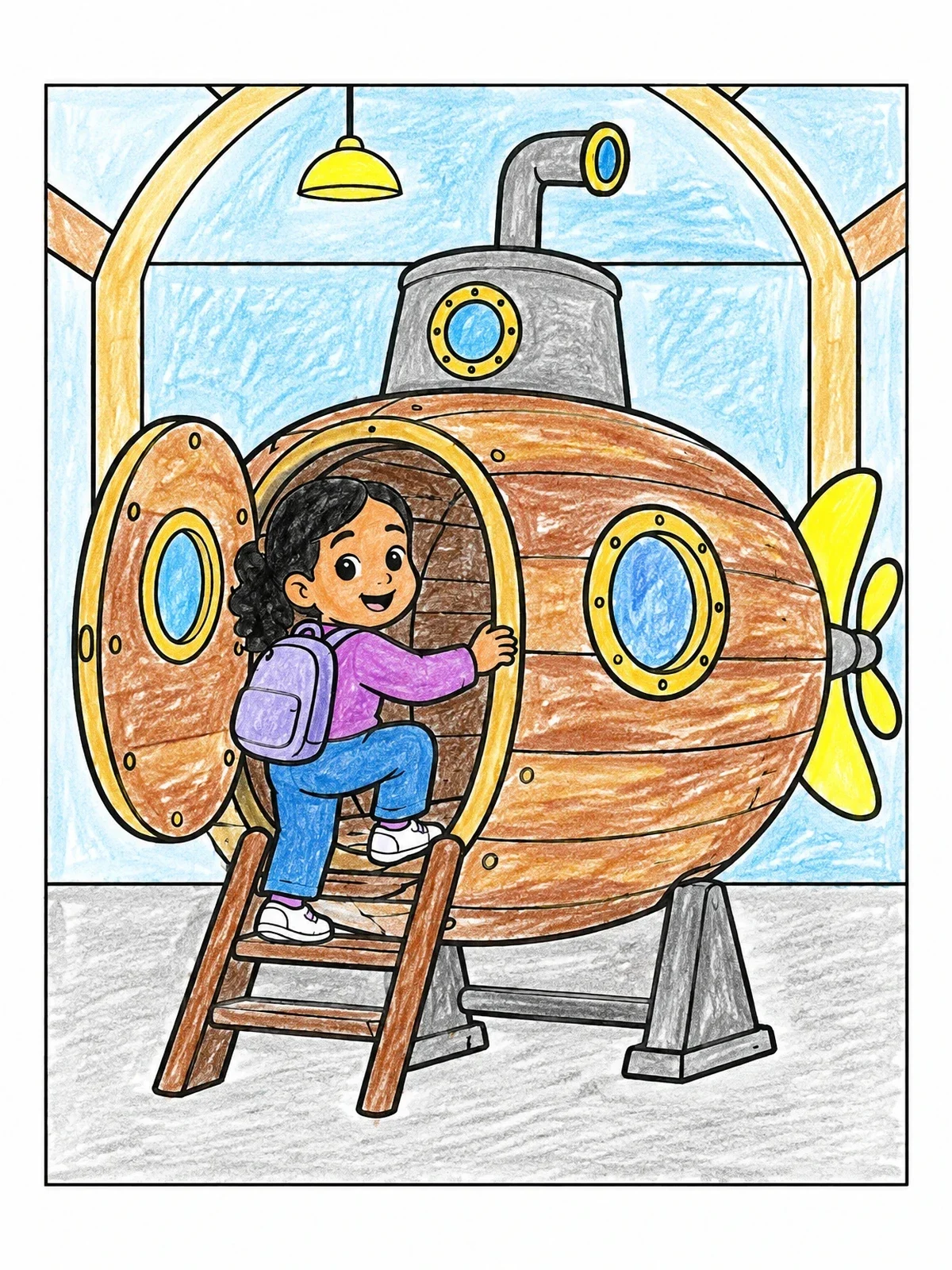 Colored example of the Child Exploring Wooden Submarine Exhibit coloring page