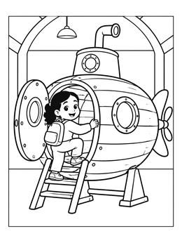 Free printable Child Exploring Wooden Submarine Exhibit coloring page