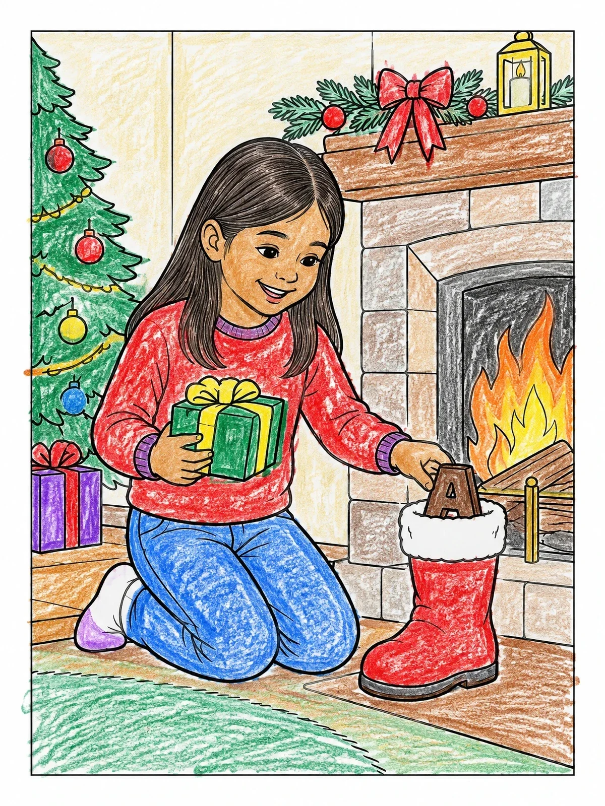 Colored example of the Child Finding Treats By The Fireplace coloring page