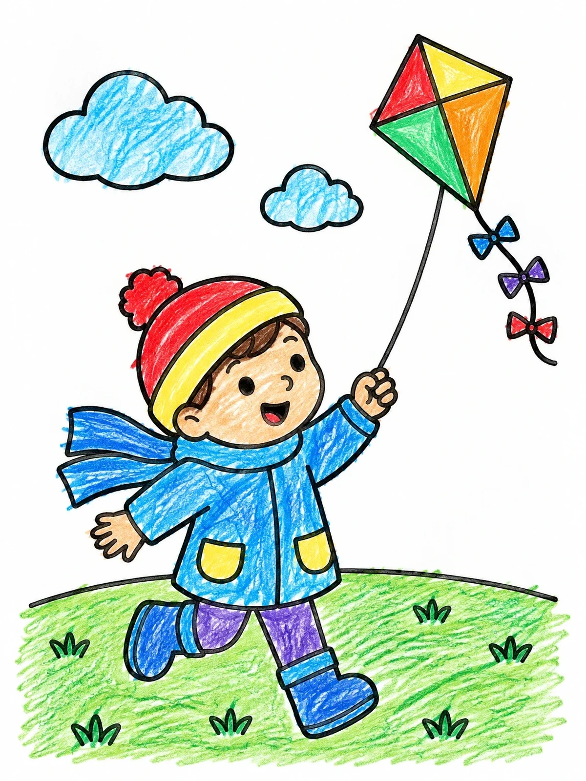 Colored example of the Child Flying A Kite Outdoors coloring page