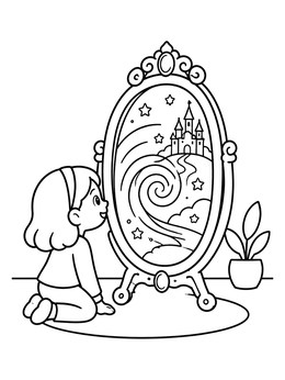Free printable Child Gazing Into Magic Mirror coloring page