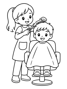 A friendly hairdresser styling a smiling boy's hair in this hair salon coloring page.