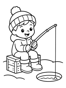 Free printable Child Ice Fishing On Wooden Crate coloring page