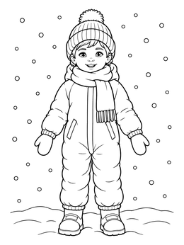 A cheerful toddler bundled up outdoors in this winter clothing coloring page.