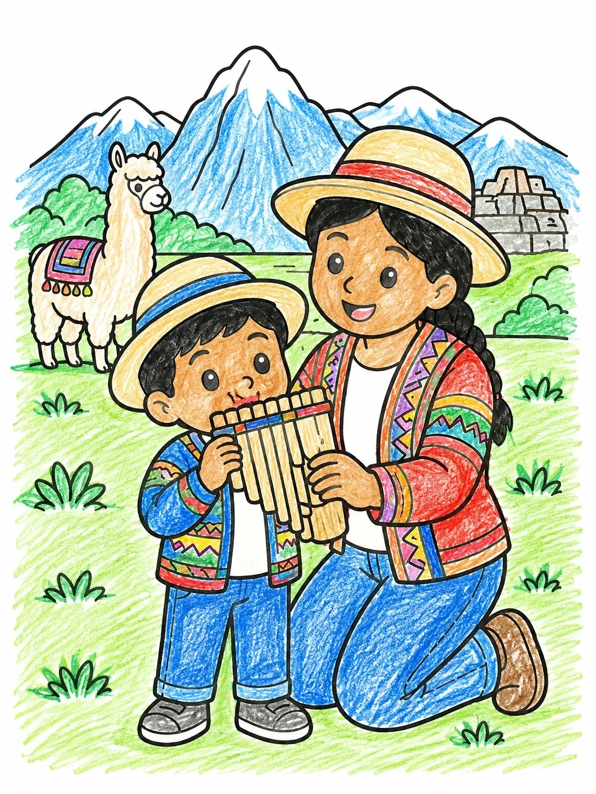 Colored example of the Child Learning Pan Flute In Peru coloring page