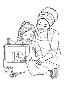 A girl learns to stitch fabric with her mother on this sewing coloring page.