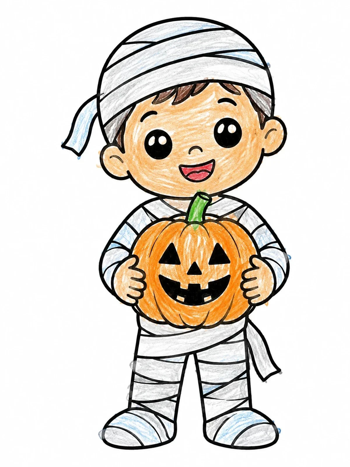 Colored example of the Child In Mummy Costume With Pumpkin coloring page