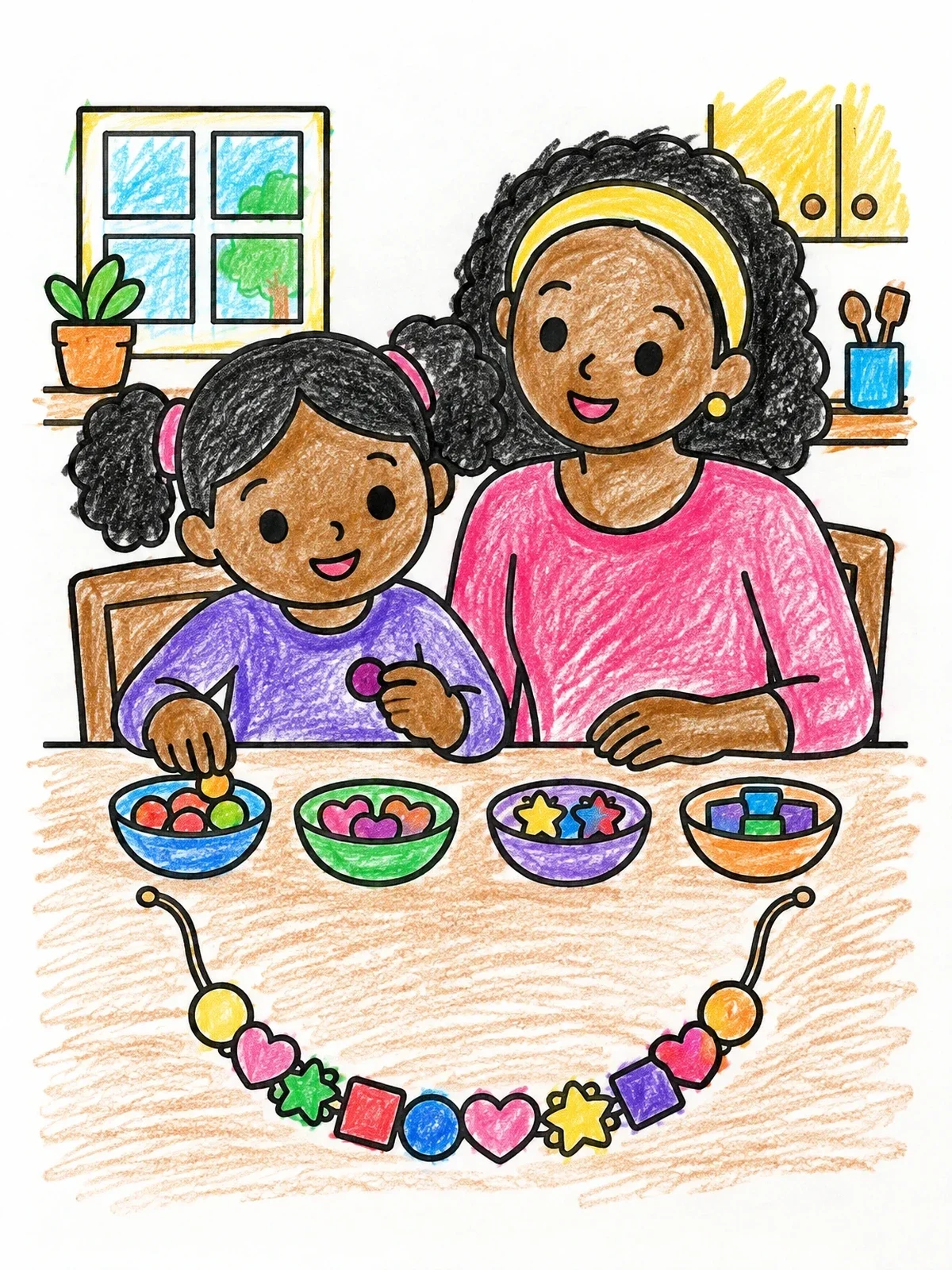 Colored example of the Making A Beaded Necklace Together coloring page