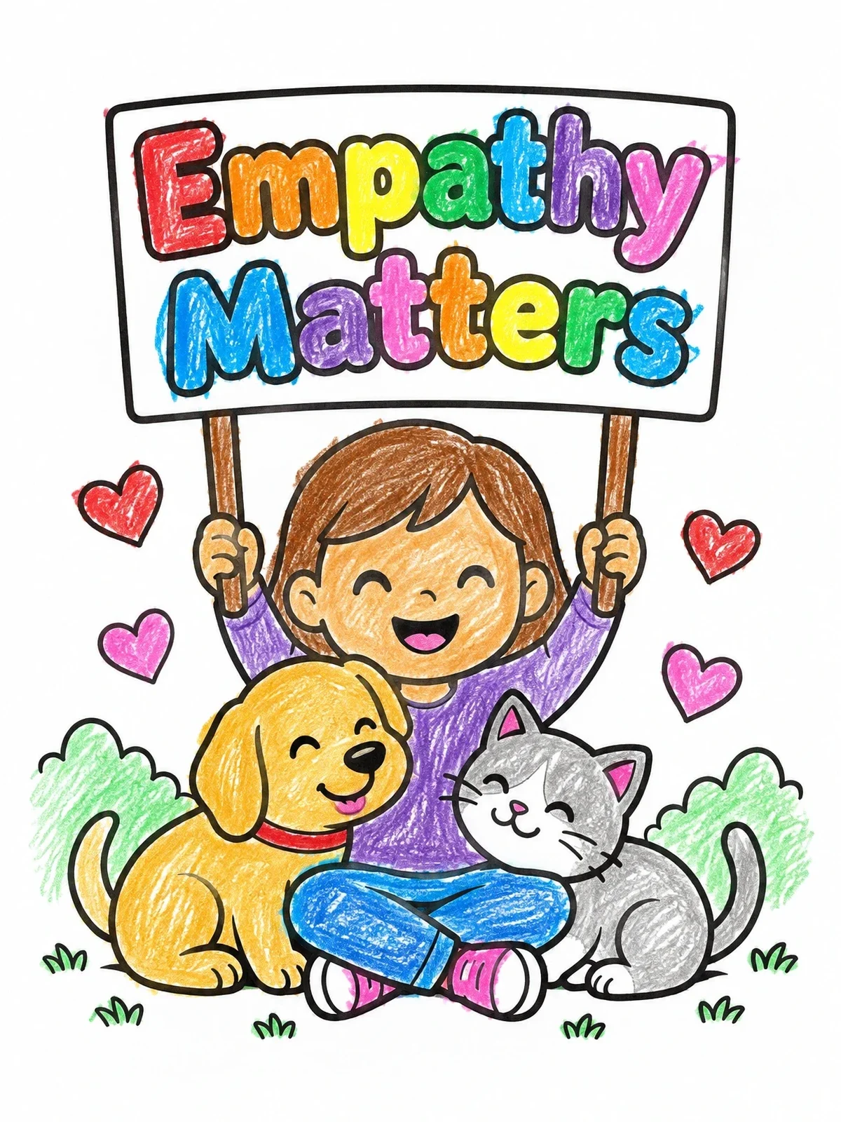 Colored example of the Child With Pets Holding Sign coloring page