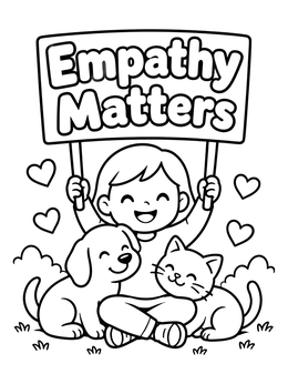 Free printable Child With Pets Holding Sign coloring page
