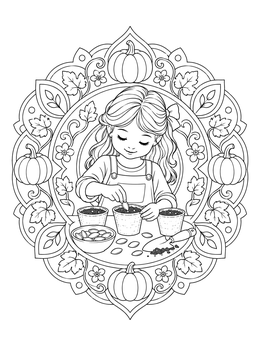 A young girl gently plants seeds coloring page framed by pumpkins and leaves.