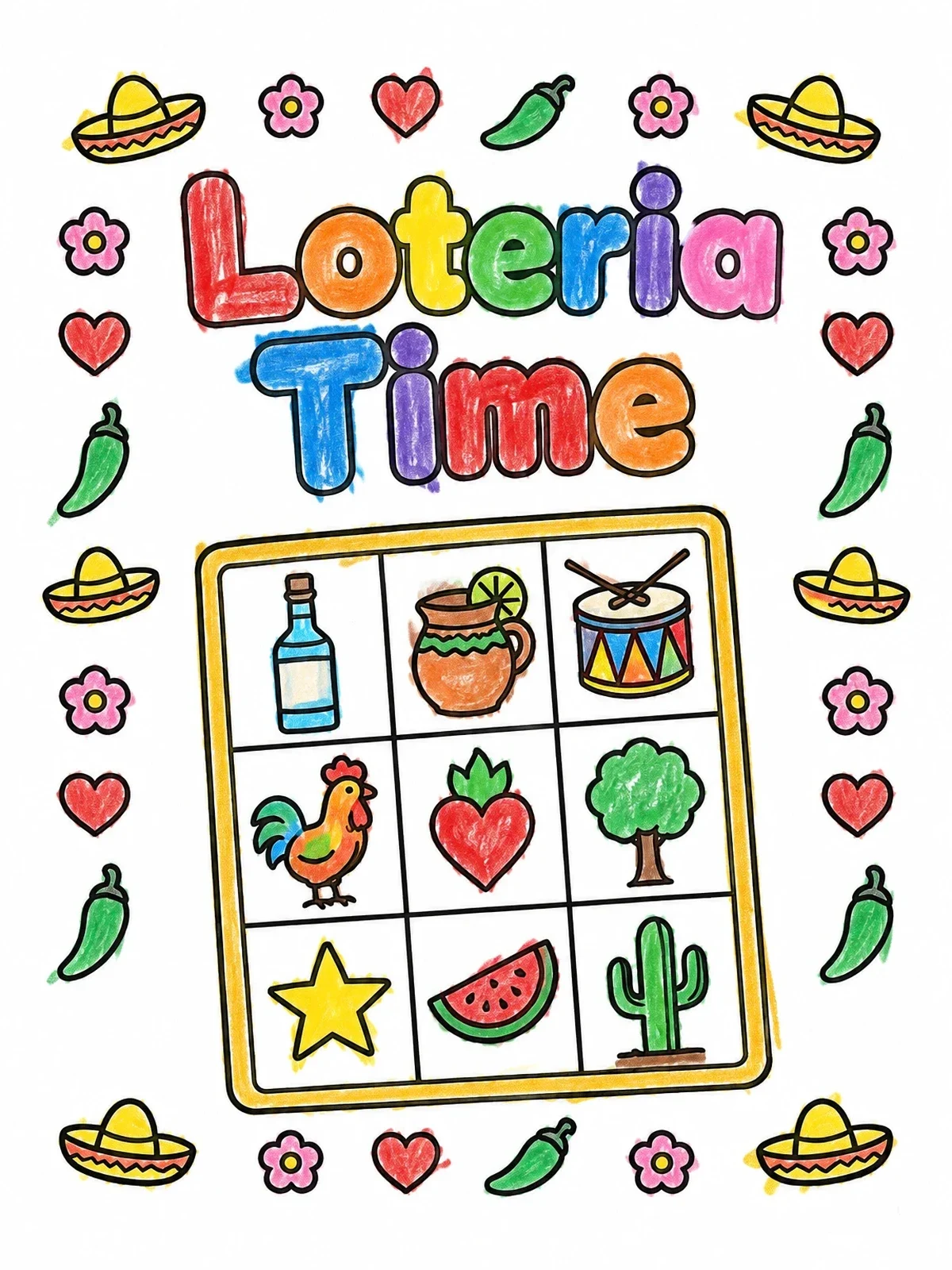 Colored example of the Loteria Time Bingo Game Board coloring page