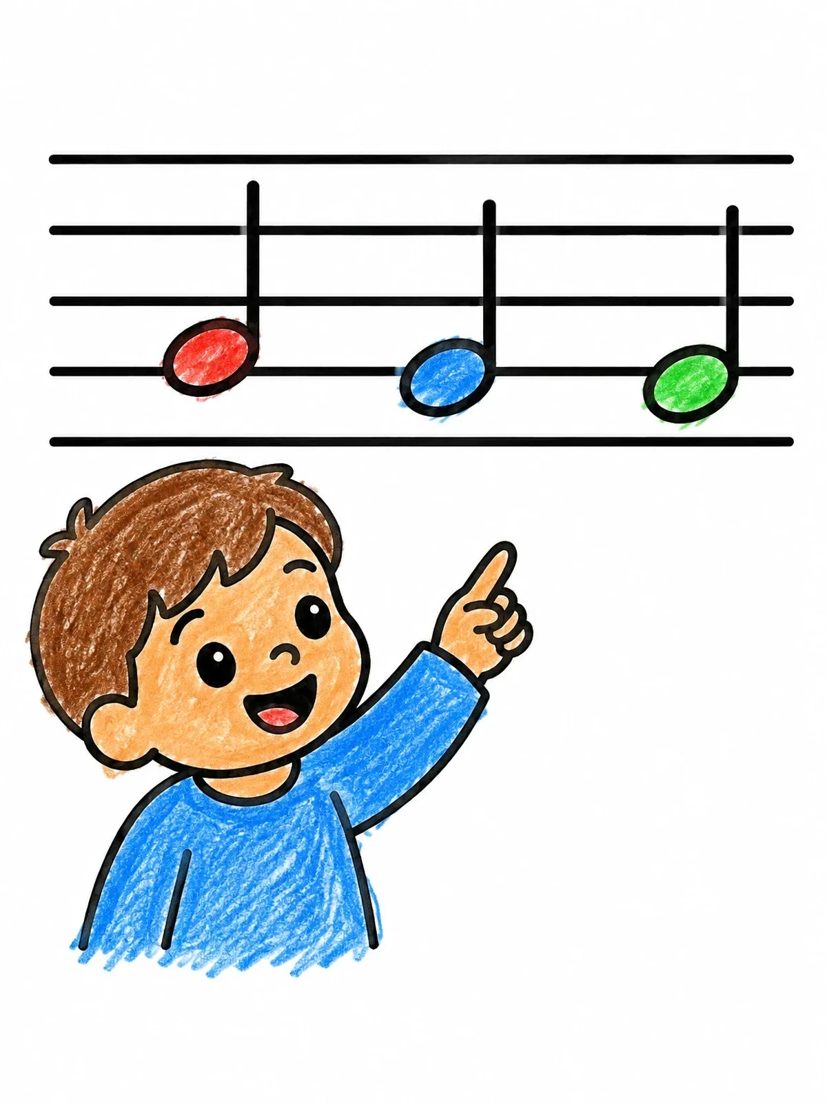 Colored example of the Child Pointing At Musical Notes coloring page