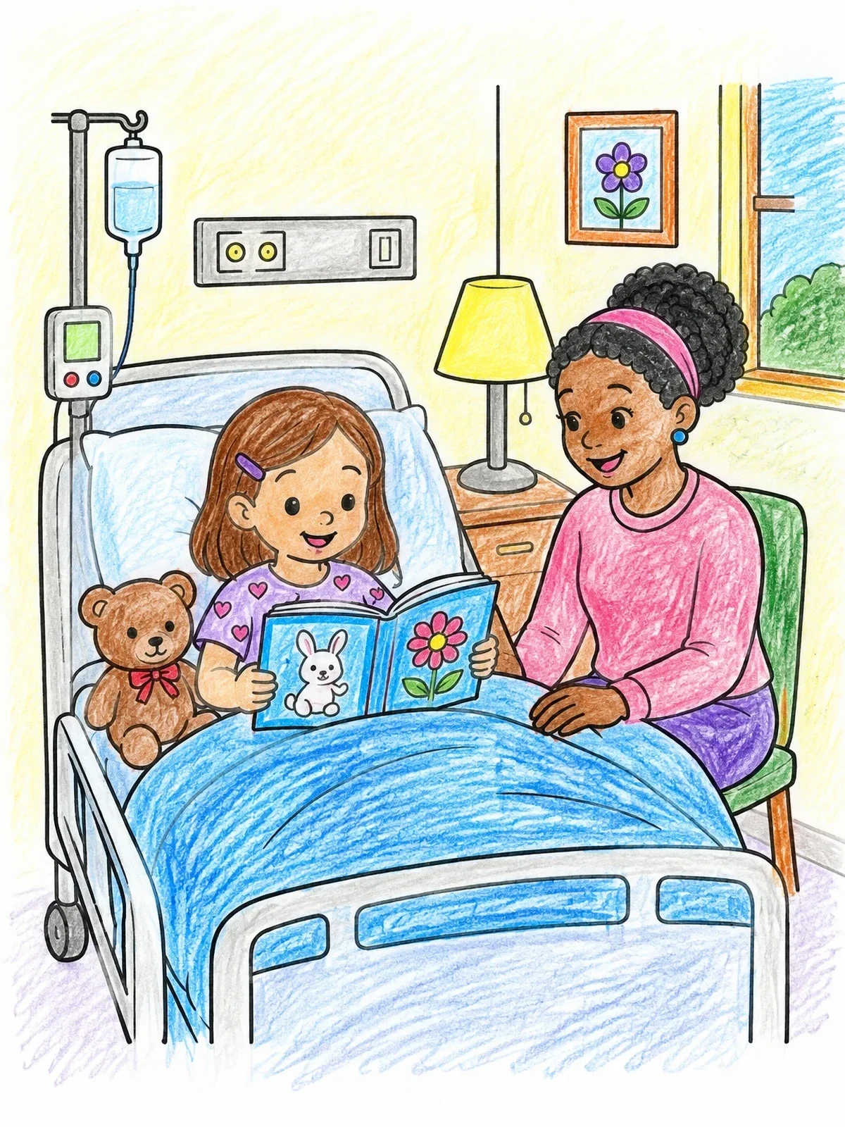 Colored example of the Child Reading In Hospital Bed coloring page