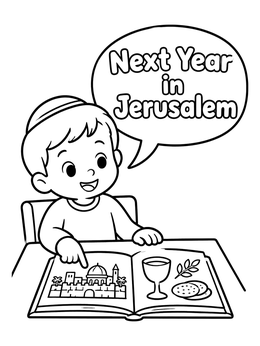 A cheerful boy at a table points to an open book in this passover coloring page.