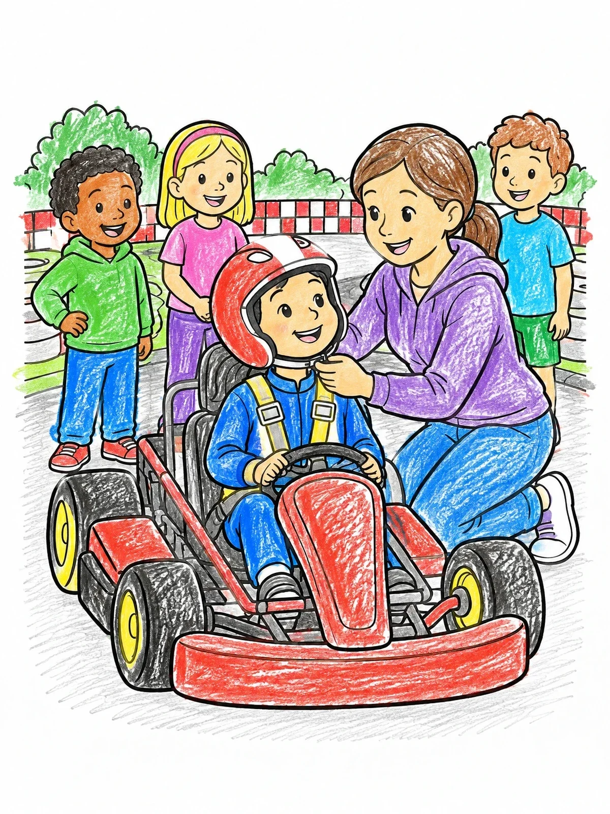 Colored example of the Child Getting Ready For Go Kart Race coloring page