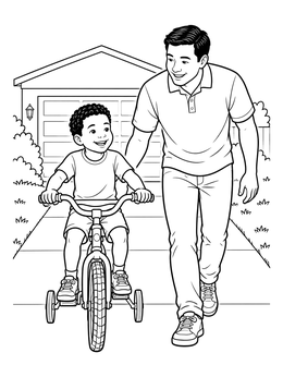 A young boy rides with training wheels beside his father on this bike coloring page.