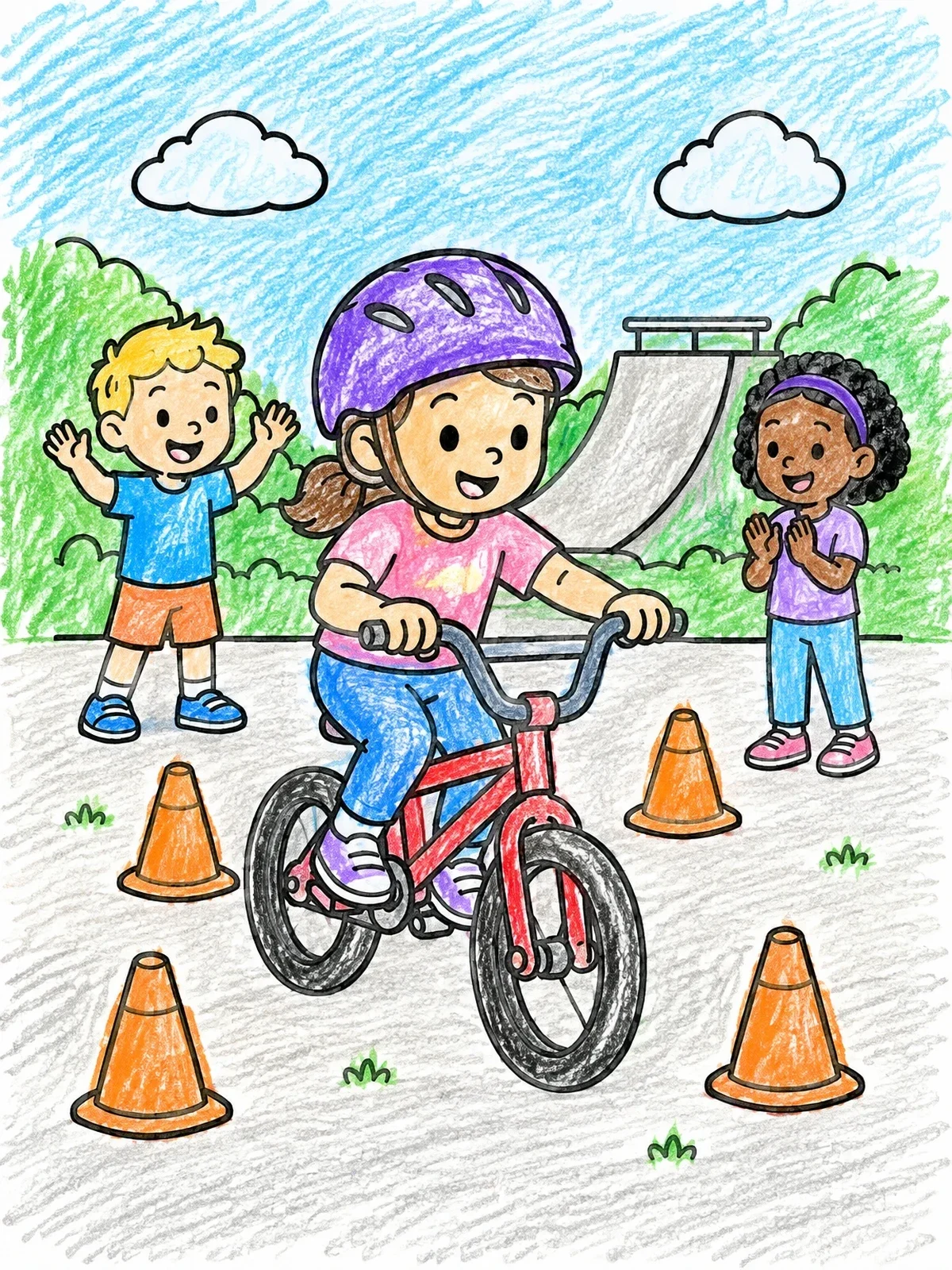 Colored example of the Child Riding Bmx Around Cones coloring page