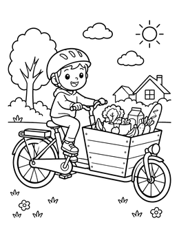 Free printable Child Riding Cargo Bike With Groceries coloring page