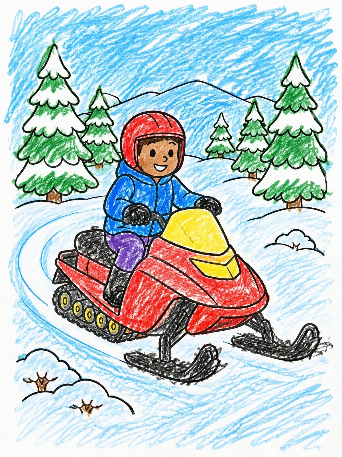 Colored example of the Child Riding A Snowmobile In Winter coloring page
