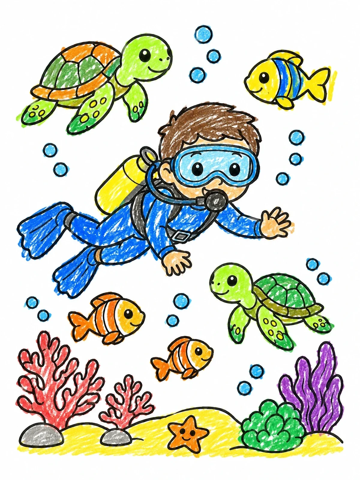Colored example of the Child Diver With Friendly Sea Creatures coloring page