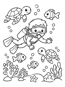 Free printable Child Diver With Friendly Sea Creatures coloring page