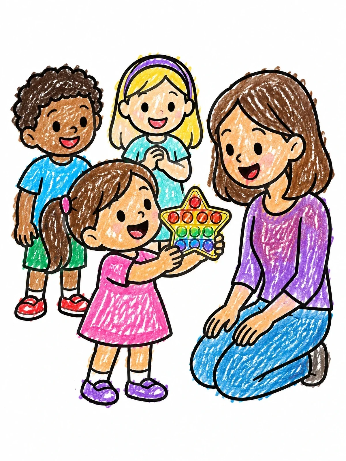 Colored example of the Child Sharing Star Pop It Toy coloring page
