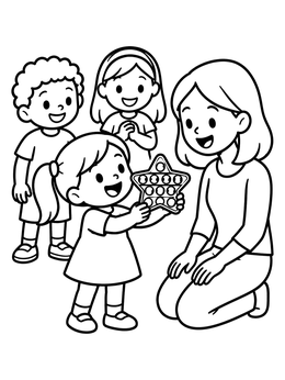 A cheerful pop it fidget toy coloring page showing a girl presenting a star bubble toy to an adult.