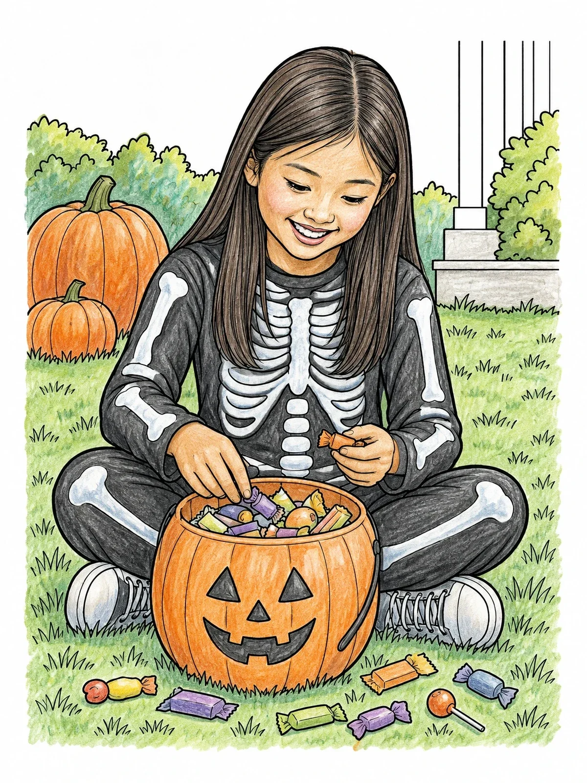 Colored example of the Child In Skeleton Costume Sorting Candy coloring page
