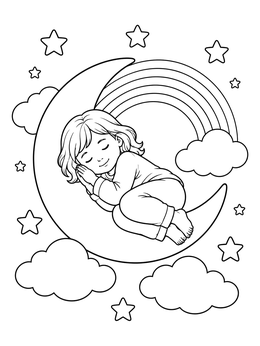 A peaceful dream coloring page featuring a sleeping child curled up on a crescent moon among stars and clouds.