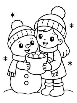 A girl and cute snowman coloring page sharing a mug of hot cocoa with marshmallows.