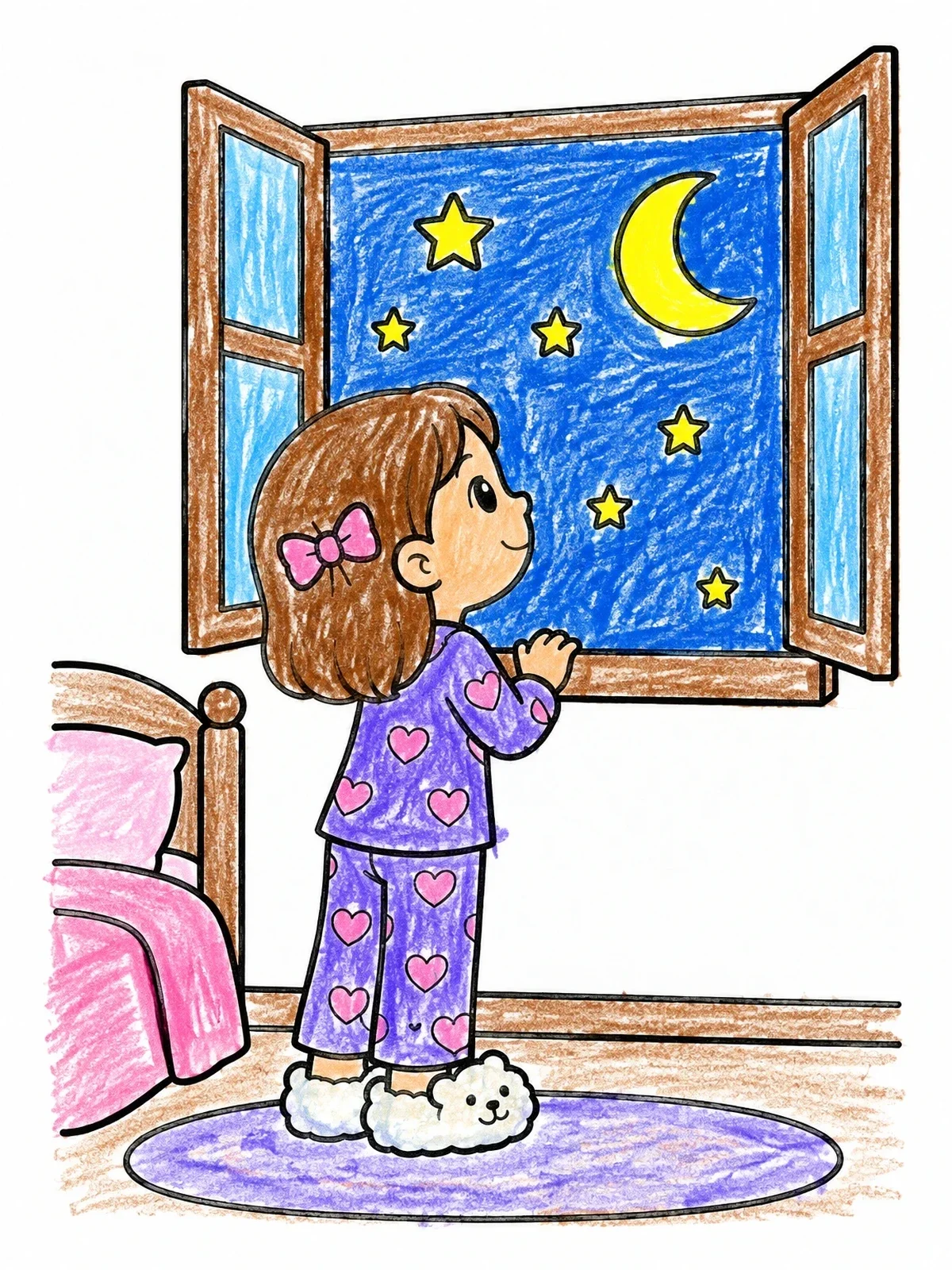Colored example of the Child Stargazing By The Bedroom Window coloring page
