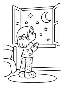 A sweet bedtime coloring page of a girl in heart pajamas looking at the moon and stars.